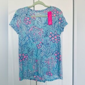 NWT Lilly Pulitzer Etta V-Neck Top Boca Blue Sea What I See L runs roomy